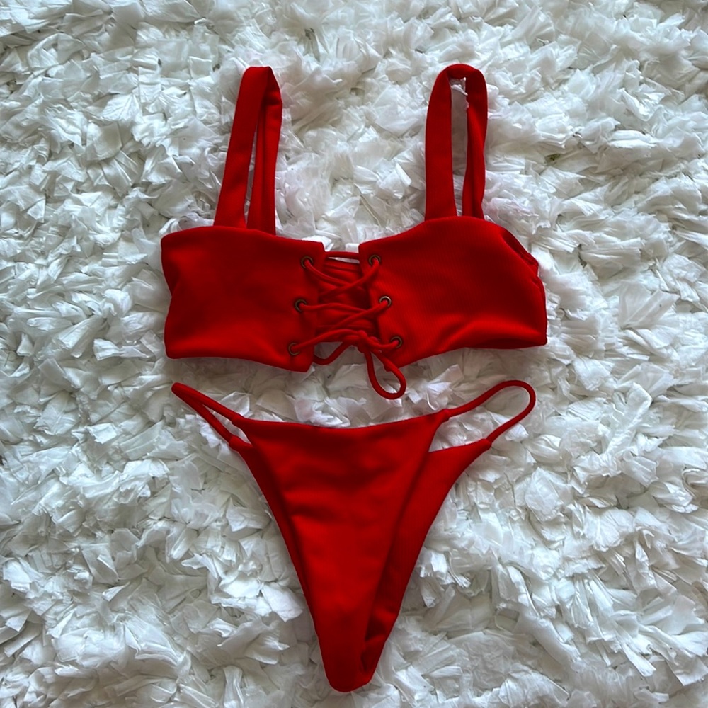 matching red bikini with criss cross string top